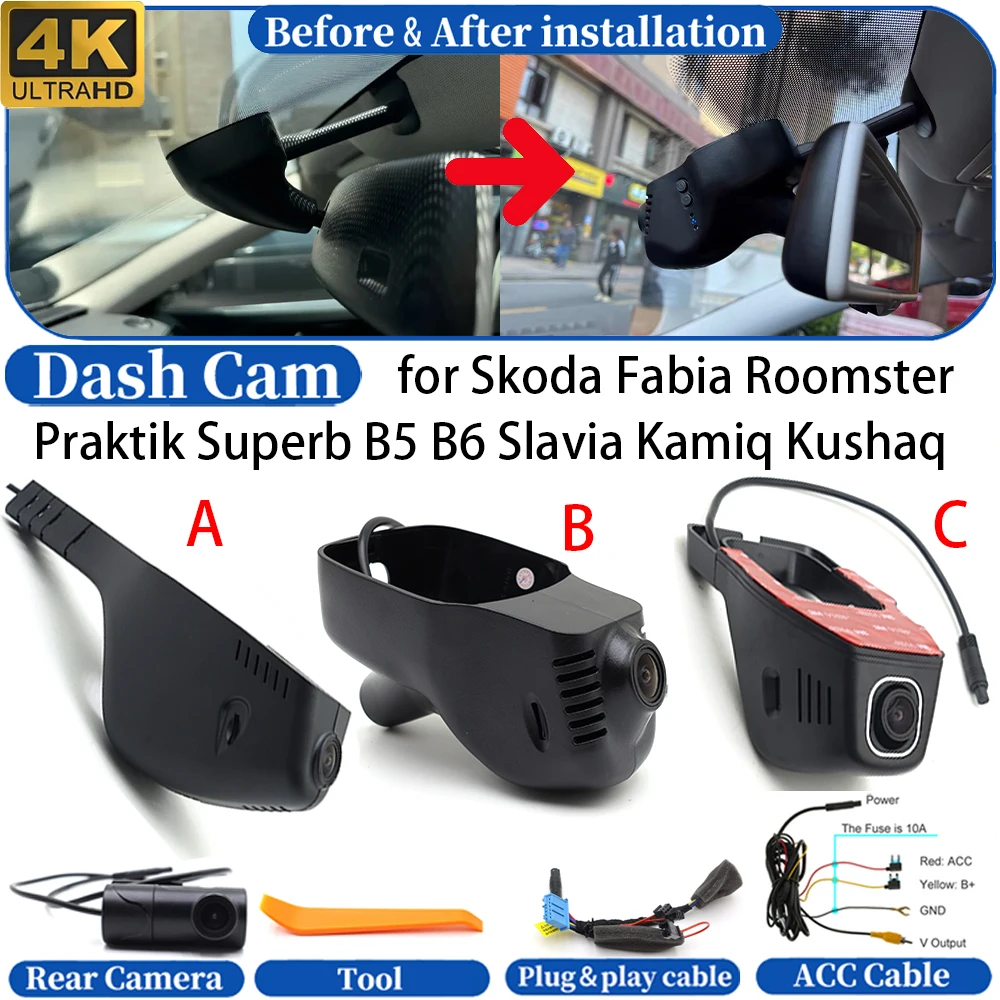 Dash Cam for Skoda Fabia Roomster Praktik Superb B5 B6 Slavia Kamiq Kushaq 4K UHD 24h DVR Dashboard Camera Video Drive Recorder