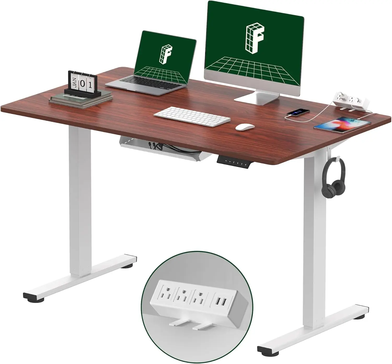 Vertical table with clip on power board, 48 x 24 height adjustable table (white frame+48 inch peach wood tabletop, 2 packs)