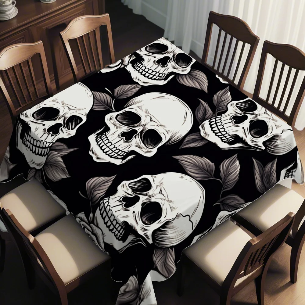 JIT 1PC square tablecloth, a square tablecloth featuring a dark-themed hand-painted combination of skulls and roses.zyc