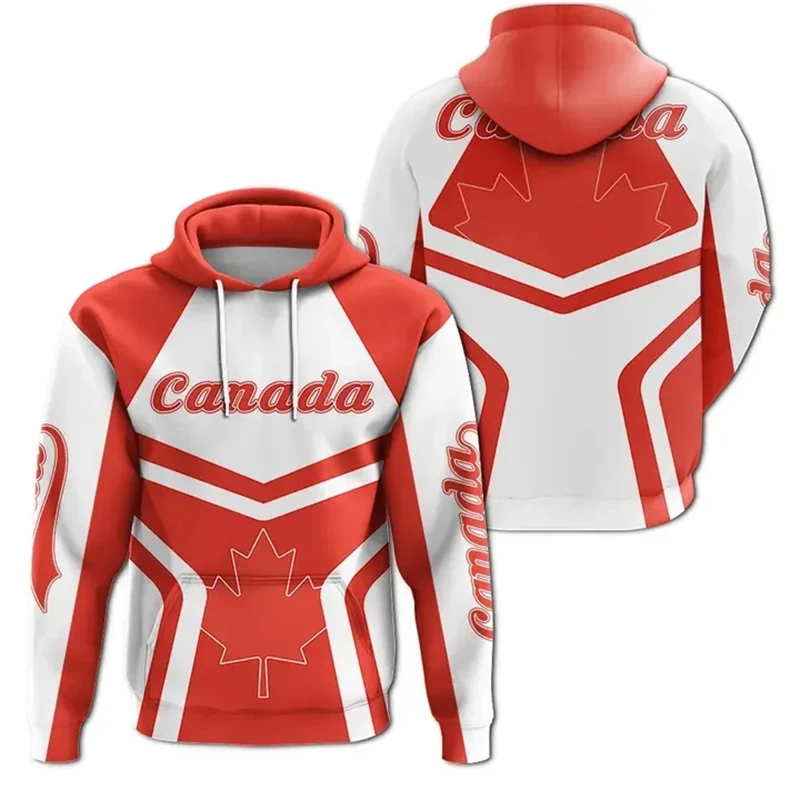 Red Theme Canada Flag Hoodie Men Women Long Sleeve Pullover Autumn Sweatshirt 3D Print Maple Leaf Stripes Street Trend Hoodies