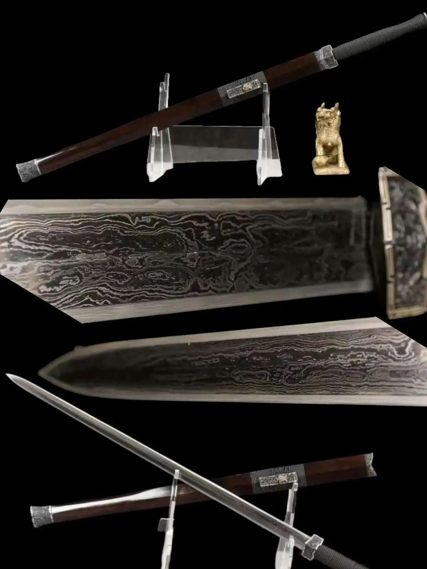 Chinese Kungfu Han Dynasty Battle Sword,Handforged Multi Refined Folded Sanwiched Patterned Steel Blade,Ebony Scabbard,nsharp