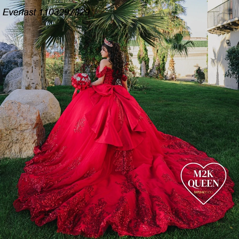 EVLAST gaun Quinceanera merah Meksiko gaun pesta gaun manik-manik Applique renda mengkilap korset berjenjang manis 16 Vestido De 15 Anos TQD917