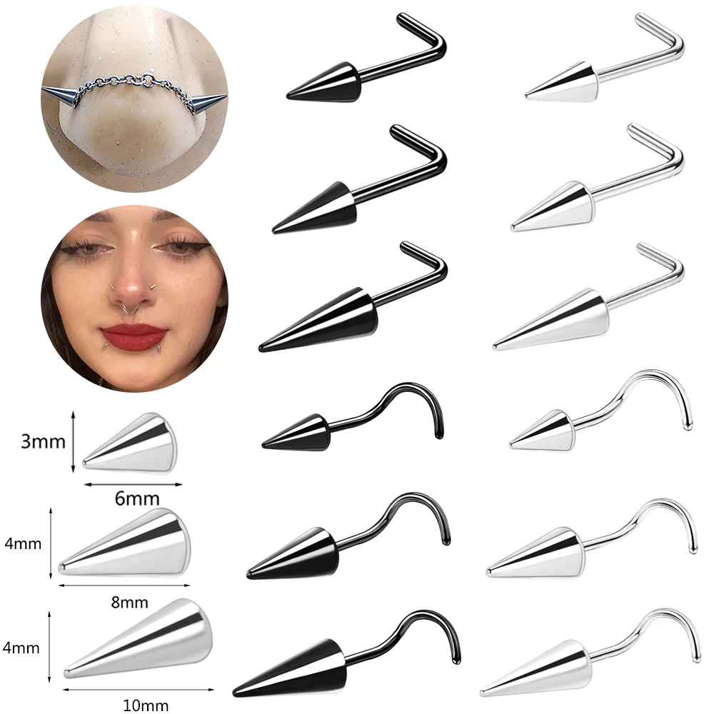 Zs 20g schwarze Spike Nasenloch Piercings Edelstahl Kegel Nasen stecker Doppel Nase Piering Schmuck lange Spike Nasenloch Ring kette