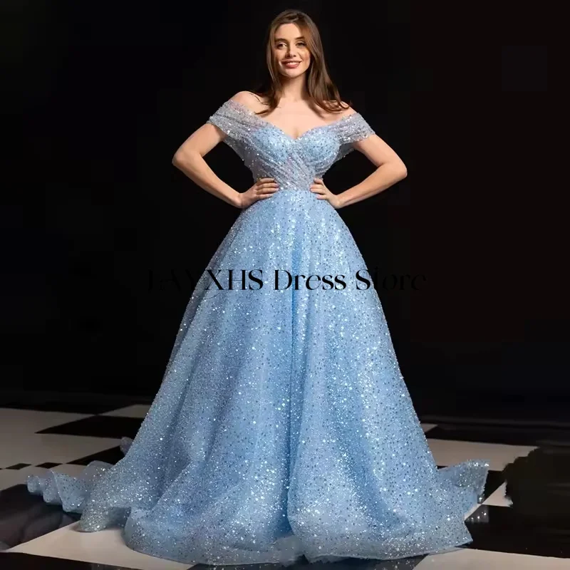 

LAYXHS Роскошные кружевные вечерние платья с блестками, синие платья трапециевидной формы с открытыми плечами длиной до пола, платья для выпускного вечера на день рождения по индивидуальному заказу