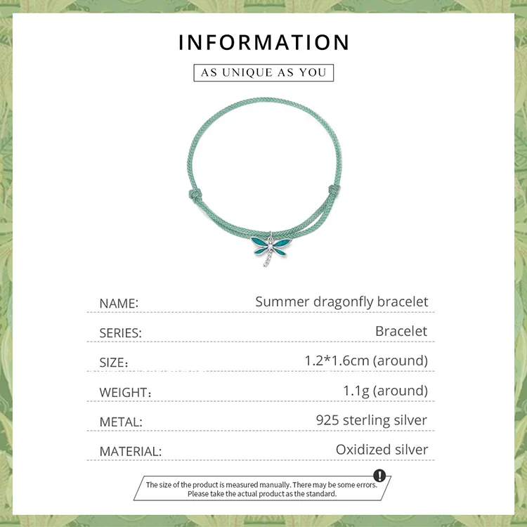 WOSTU Fashion Dragonfly Bracelet 925 Sterling Silver Delicate Green Dragonfly Pendants Bracelet for Women Fine All-match Jewelry