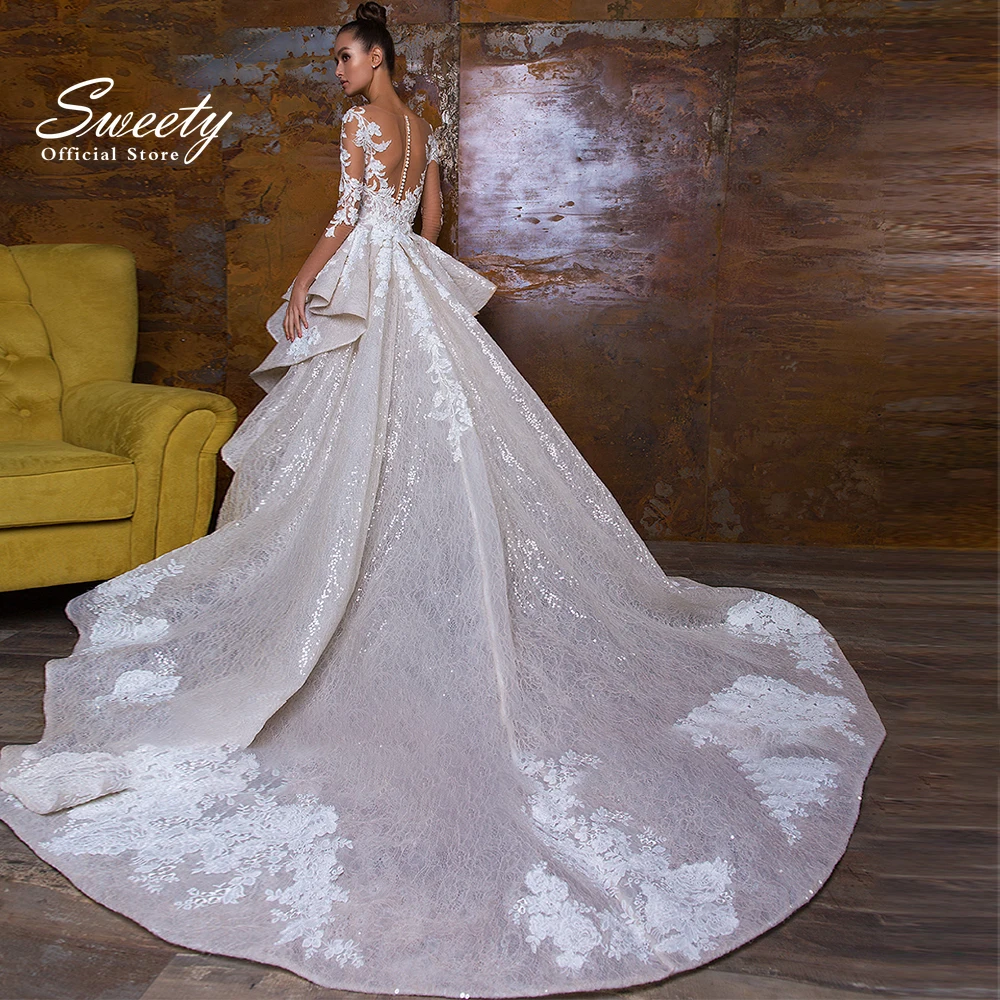 Detachable Train Wedding Dress Embroidered Lace With Sequins Mermaid Ball Gown Full Sleeve O-Neck Customized Vestido De Novia