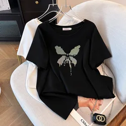 170Kg Plus Size Women's Bust 170 Summer Hot Diamond T-Shirt Short Sleeved Round Neck Loose Top 6XL 7XL 8XL 9XL 10XL 11XL