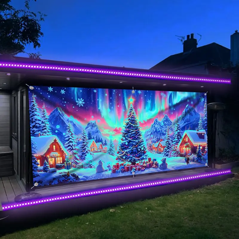 VIKAMA Black Light Borealis Yuletide Village Conifer UV Active Tapestry Holiday Wall Decor Accent Stylish Soft Durable Cozy Gift
