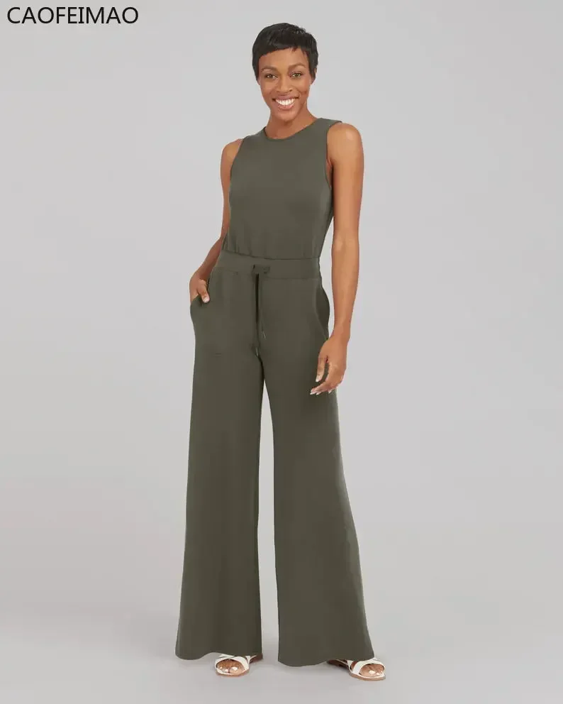 2025 Jumpsuits for Women Elegance Casual Women's Sleeveless Solid Color Lace-up Trouser Jumpsuit Open Window Jumpsuit Wide Leg