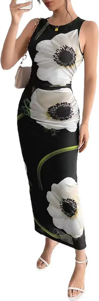 Ropa De Mujer col rond imprimé fleuri mince Sexy jupe longue femmes nouveau printemps et été sans manches robe De soirée robe élégante