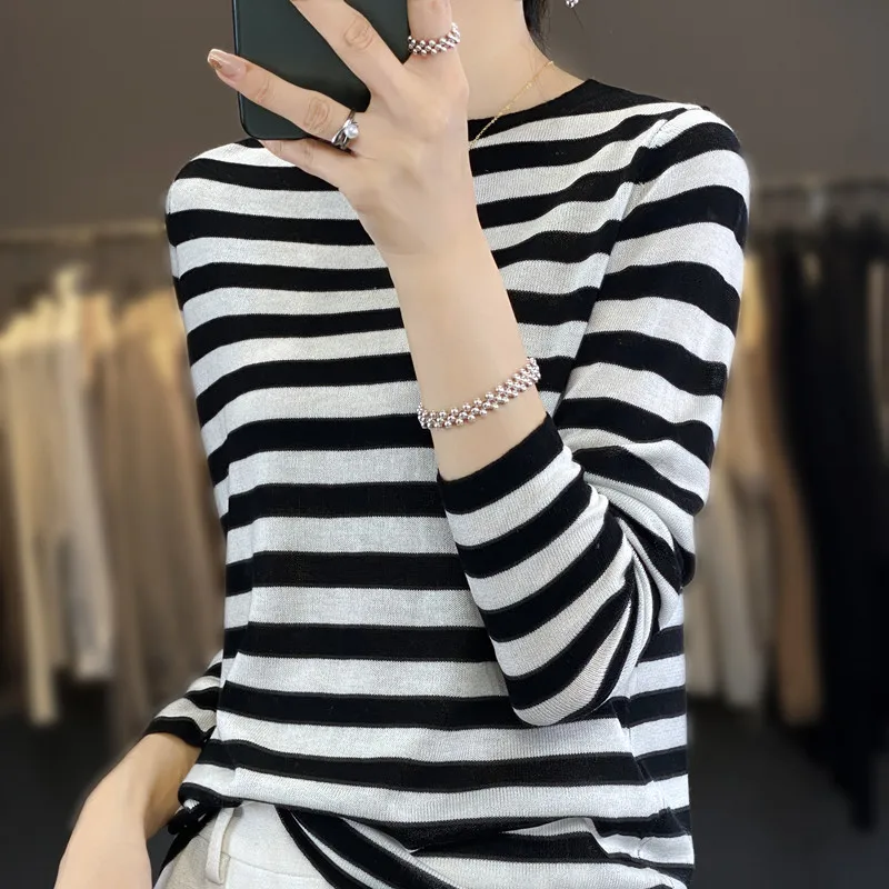 Women New Fine Wool Sweater Round Collar Navy Style Stripes Pullover Autumn Winter Bottoming Shirt Casual Slim Knitting Top