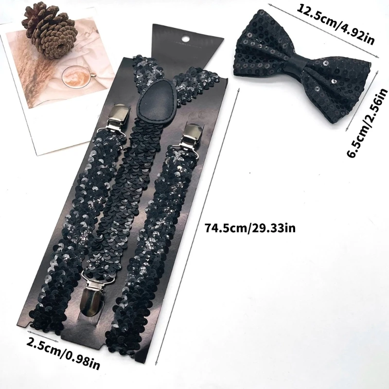 Men's Suspenders Tuxedo Necktie with Metal Clip Popular Shimmering Party Sequined Suspenders Brace for Various Occasion