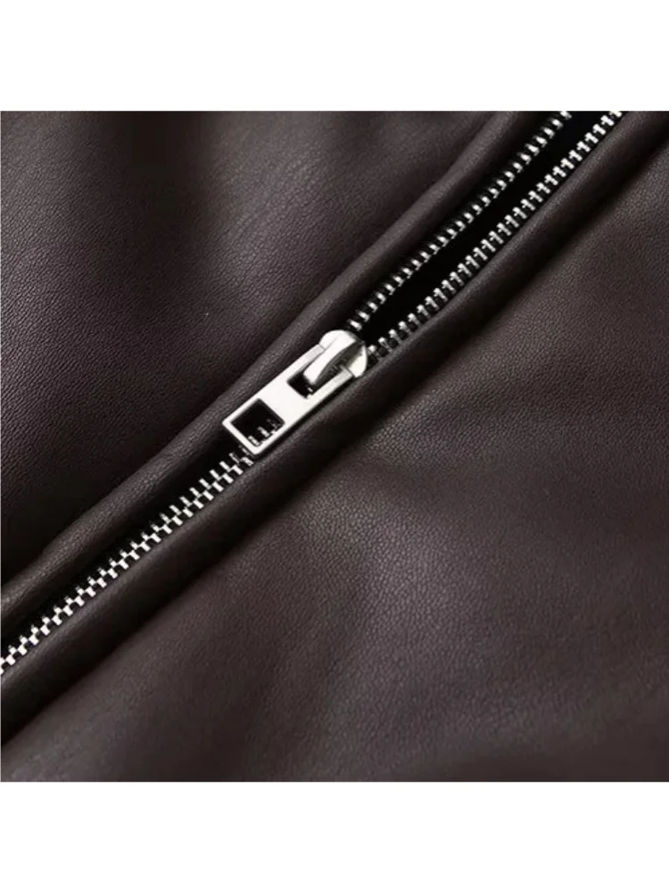 الشارع الشهير امرأة ريترو فضفاض قصير بولي PU فو سترات من الجلد الإناث سستة معطف خمر موتو السائق أبلى المرأة الشتاء جلد الغنم