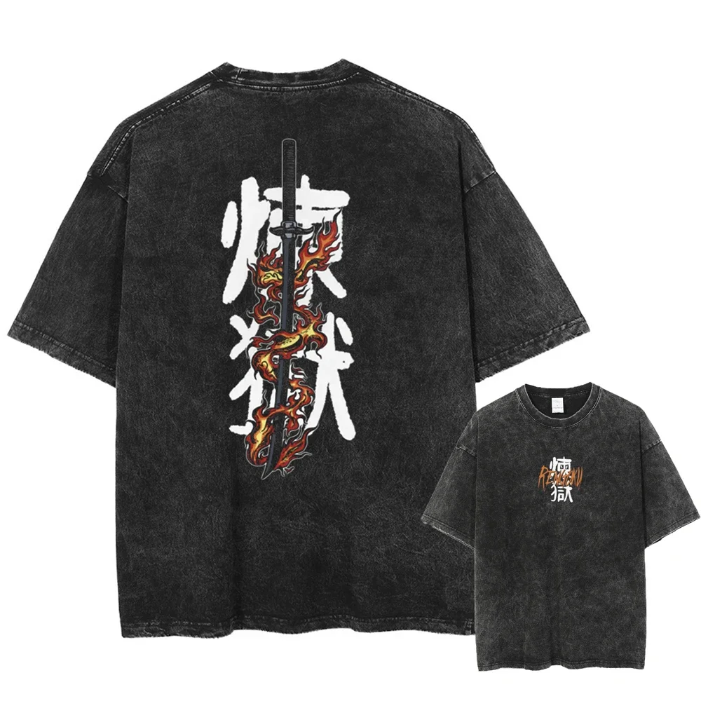 

25 Hot Fashion Anime Demon Slayer Rengoku Kyoujurou Men Washed Vintage T-shirt Summer Short Sleeve Cotton Casual Top Tee Unisex