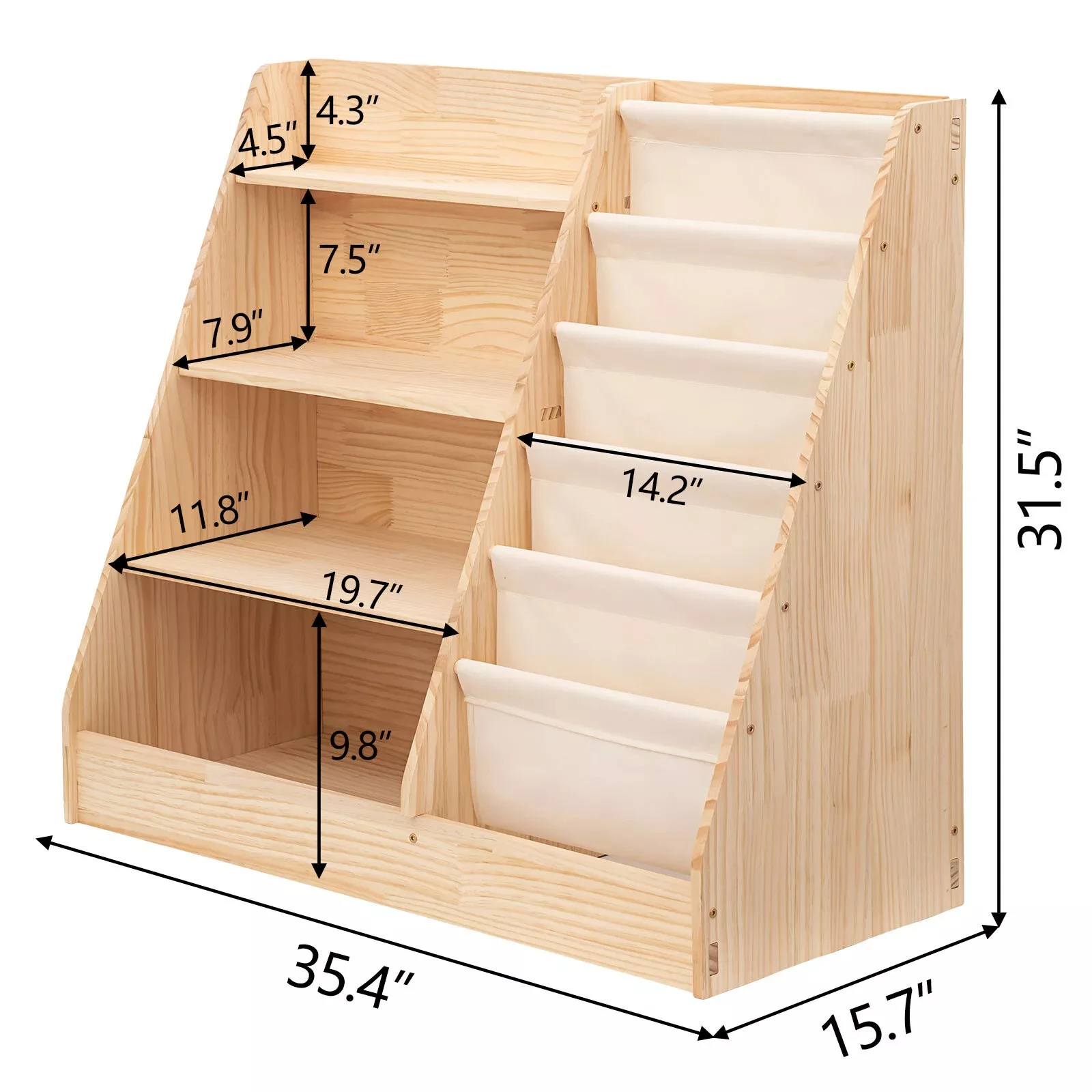 4 Tier Wooden Bookshelf 6-Layer Sling Kids Bookcase Storage shelf Solid Wood Furniture for the Living Room Classroom Bookshelf