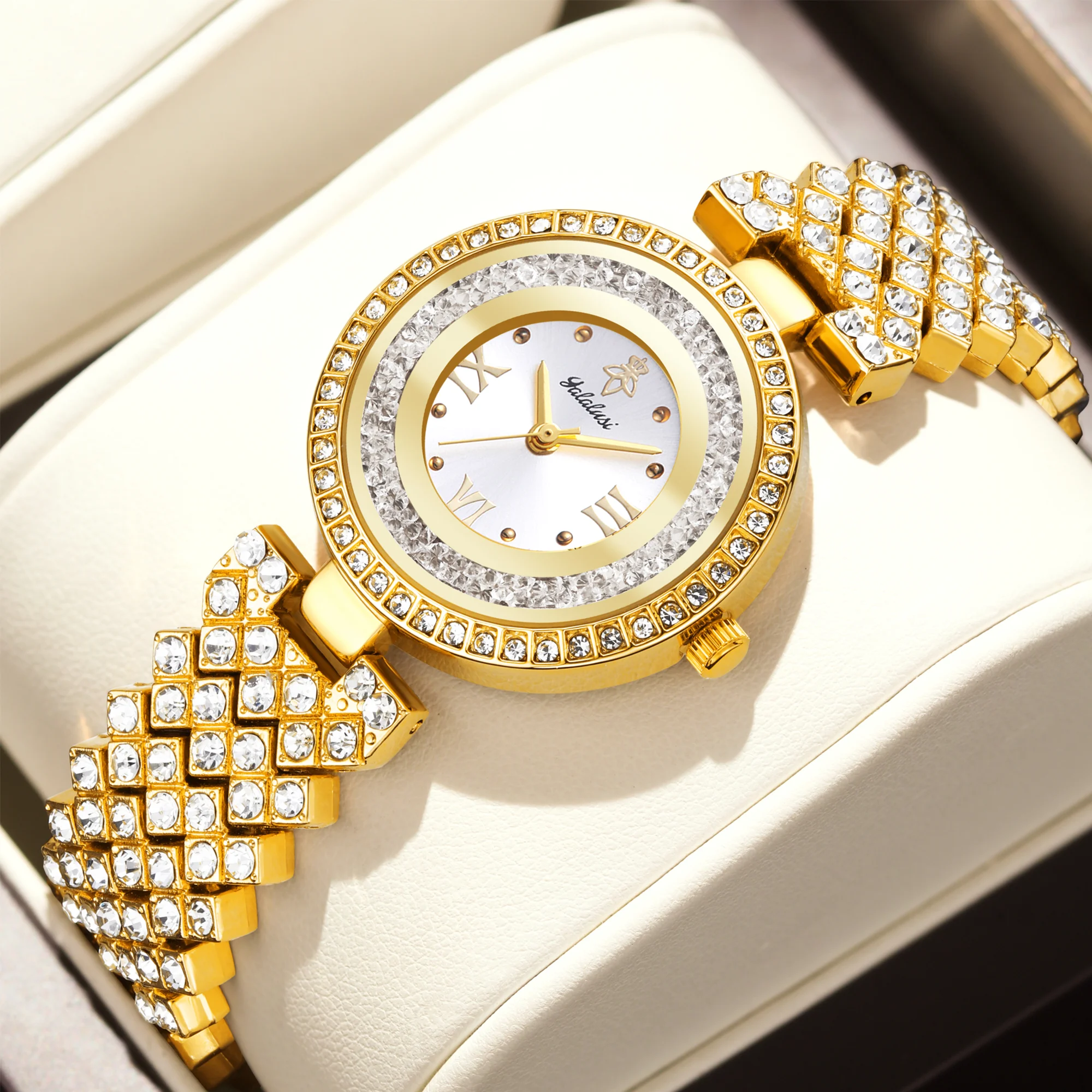 

YaLaLuSi Top Luxury Brand Women's Watch Rectangle Gold Case White Dial Luxury Crystal Diamond Banquet Ion Plating Gift Box Regul