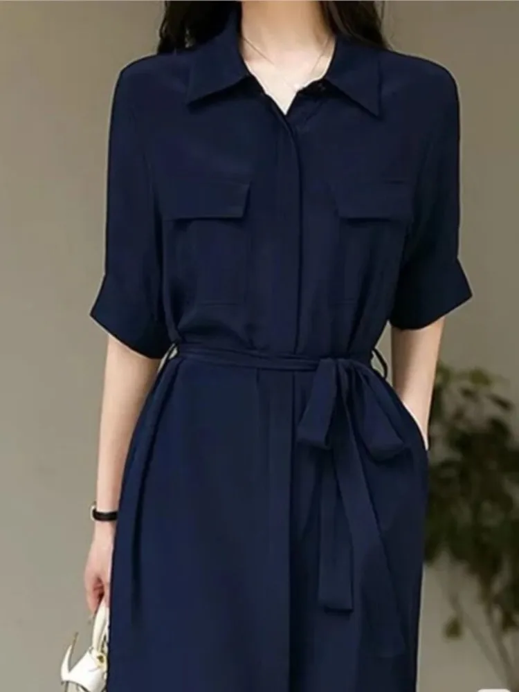 HipSeam Women Shirt Midi Dress With Belt Autumn Turn Down Collar Women's Dress Pocket Long Dress Pleated Hem Female Chic Dresses