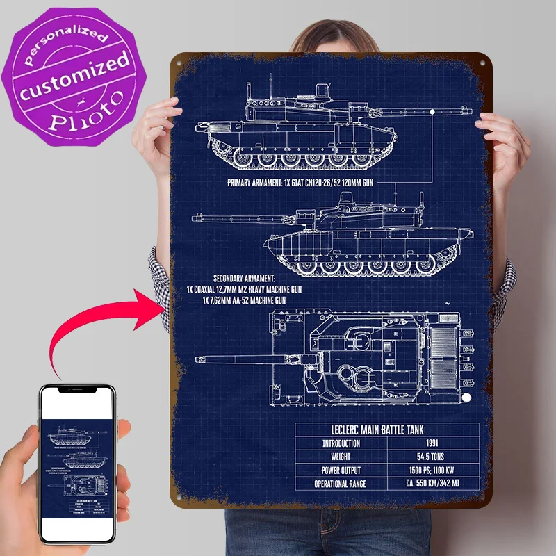 Leclerc Main Battle Tank Blueprint 3D Texture Metal Poster Customized Wall Art Tin Sign Gift for Mancave Luxury Decoration Home