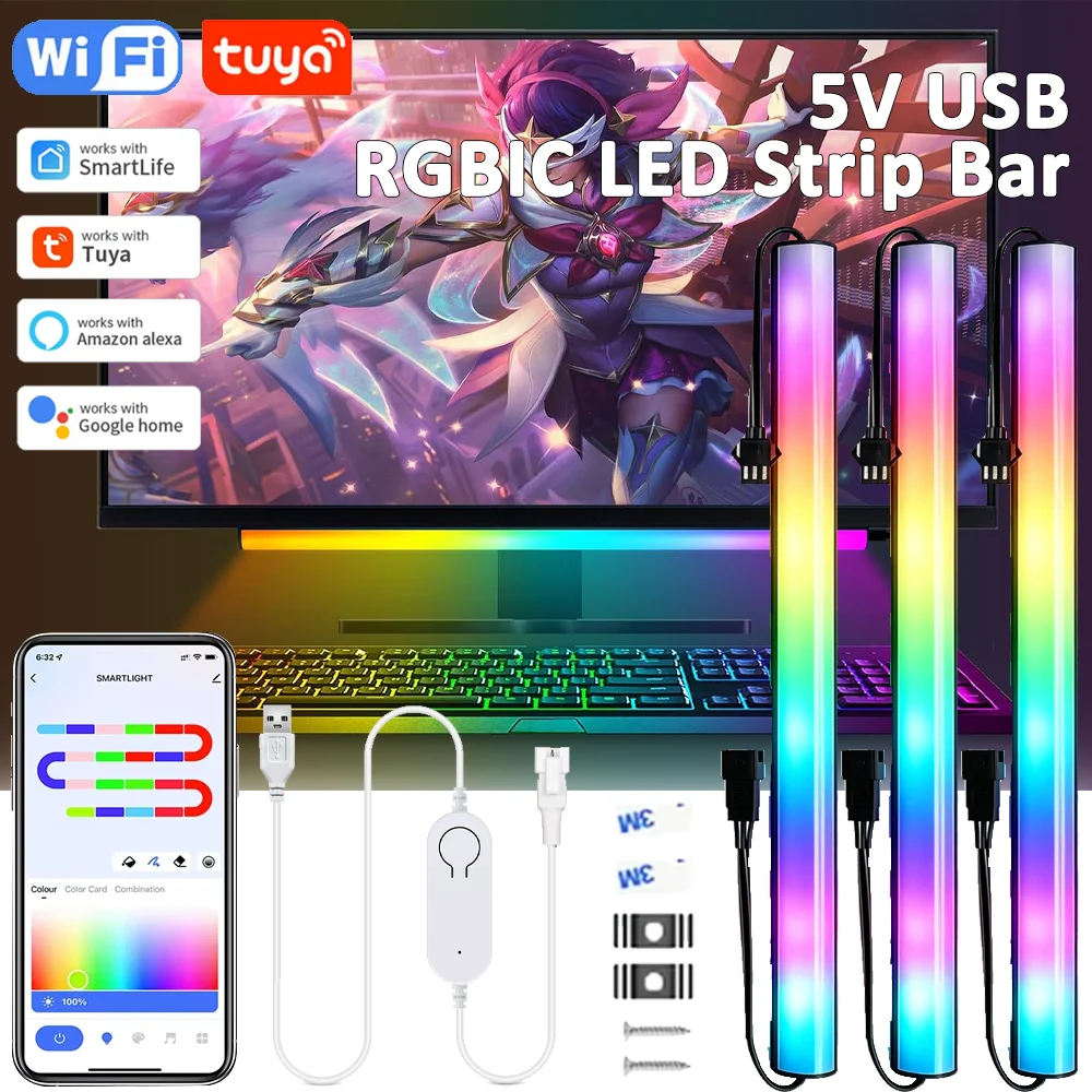 Barra de Luz LED RGBIC para Monitor, USB DC5V, WiFi, Tuya, WS2812B, Direccionable, Ambilight, Luces para Juegos, Control por Voz y App, Compatible con Google