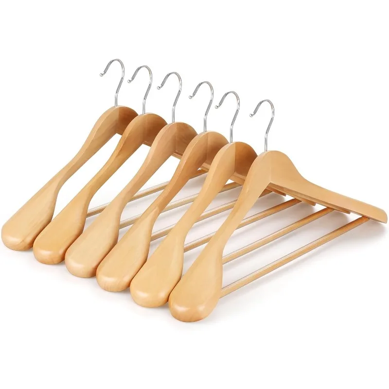 Wide Shoulder Wooden Hangers, Suit Hangers with Non Slip Pants Bar & 360° Swivel Hook,  6 Pack