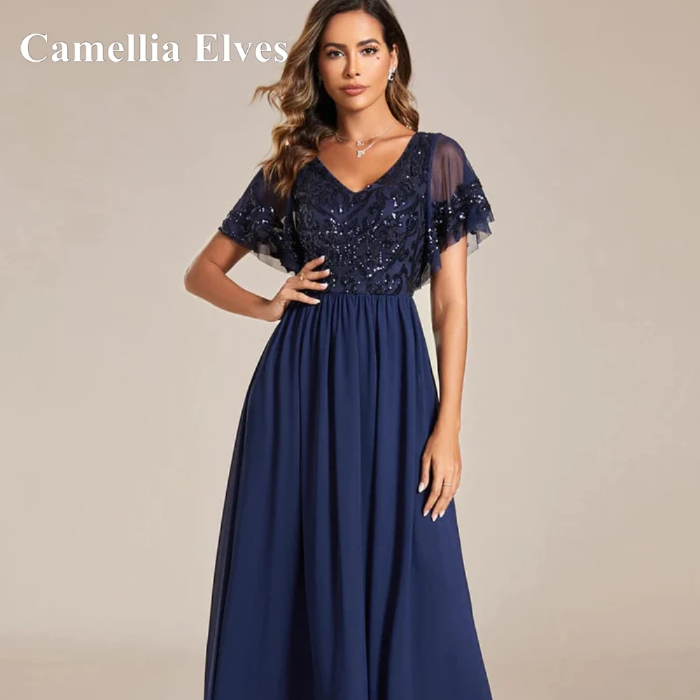 Vestido de tul con cuello en V para madre de la novia, manga corta con lentejuelas, longitud hasta el tobillo, vestido Formal de fiesta de boda, romántico