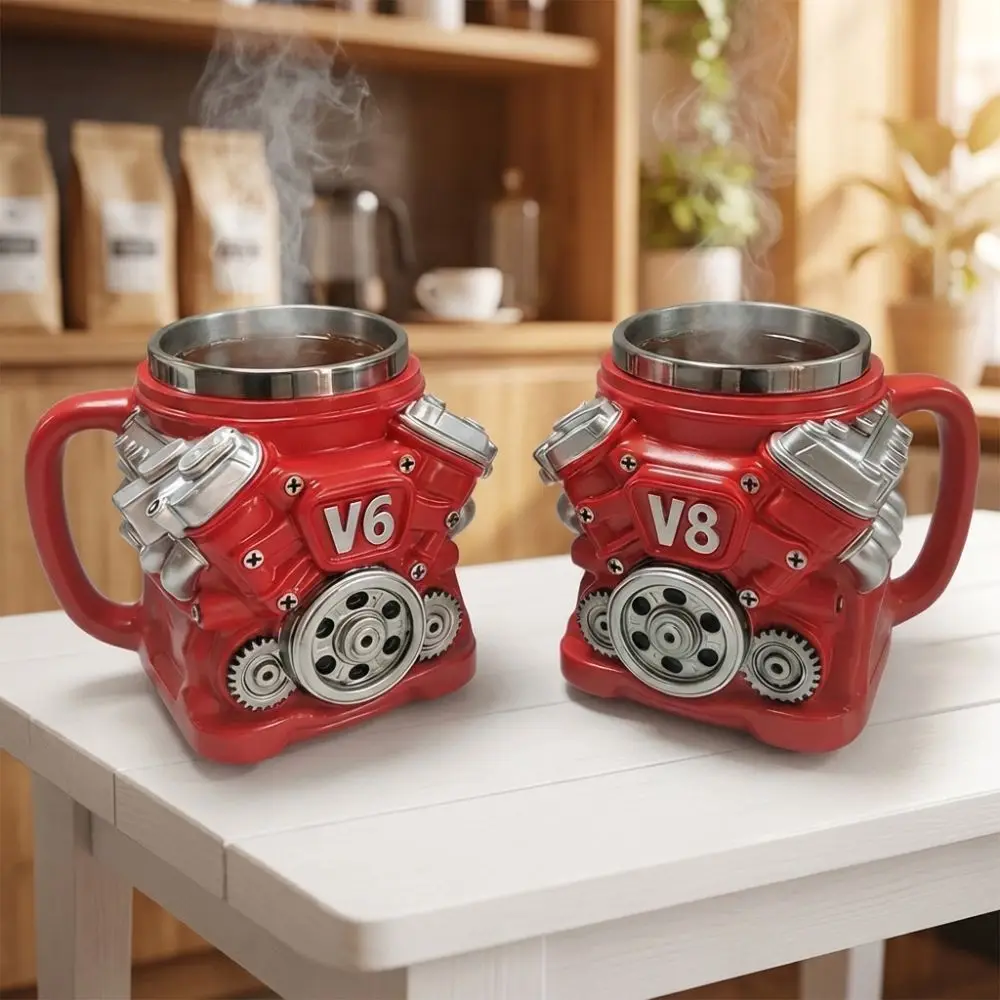 Retro Engine Coffee Mug Double Wall 300ML 15oz V6 Engines Stainless Steel Cup Realistic Design with Handle Insulation Car Mug
