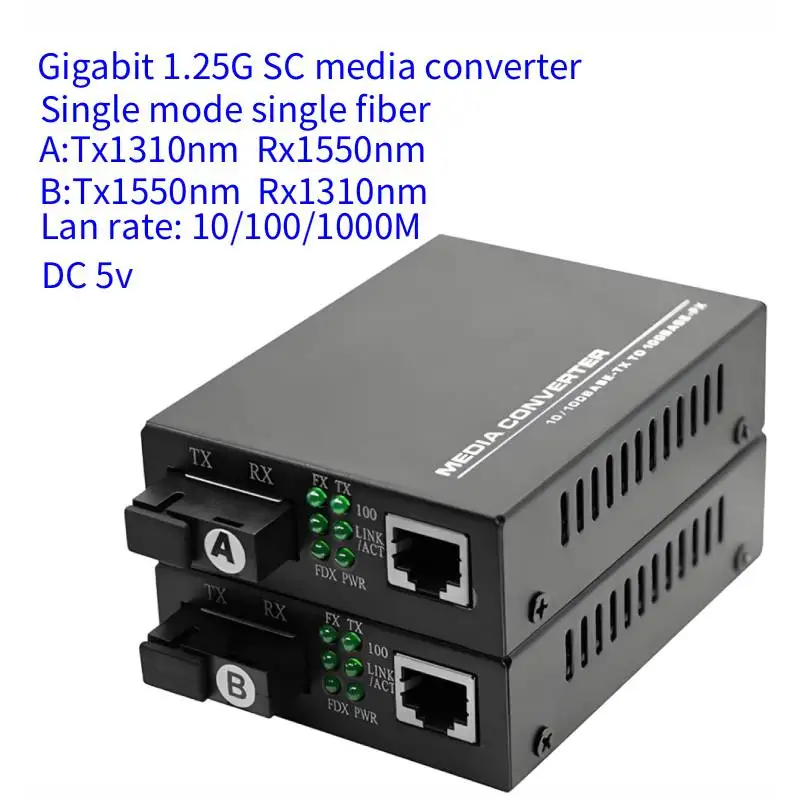 Gigabit Optical Media Converter 1000Mbps Single Fiber SC Port with External Power Supply 3KM-20KMHTB-GS-03AB for Networking