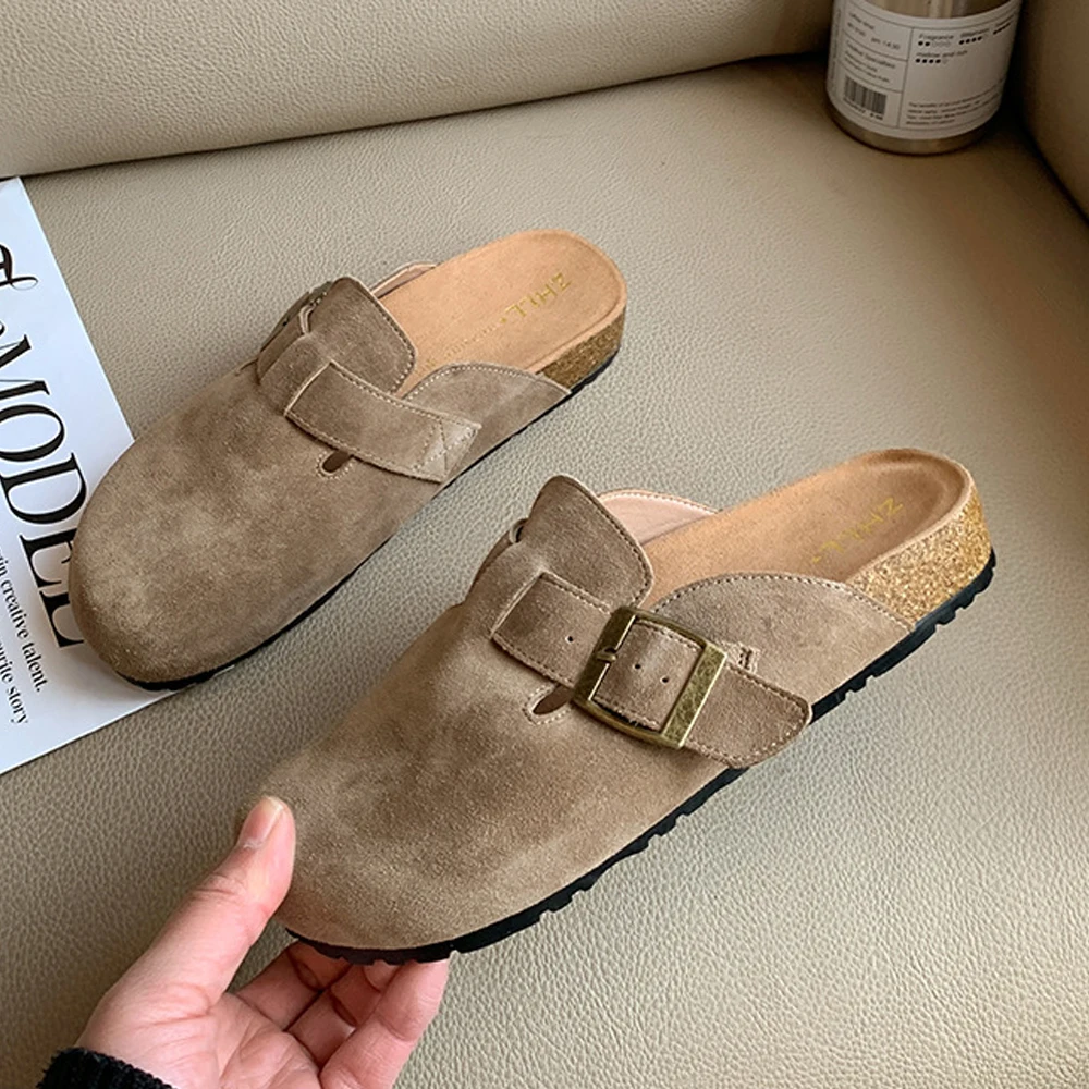 Fashion Women's Suede Mules Slippers Clogs Cork Insole Sandals With Arch Support Outdoor Beach Slides Home Shoes