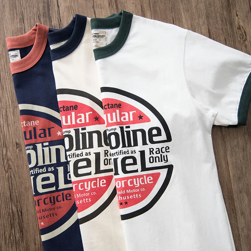 American Retro Ameika Casual Color Block round Neck Letter Print T-Shirt Men Summer Pure Cotton Short Sleeve T-Shirt