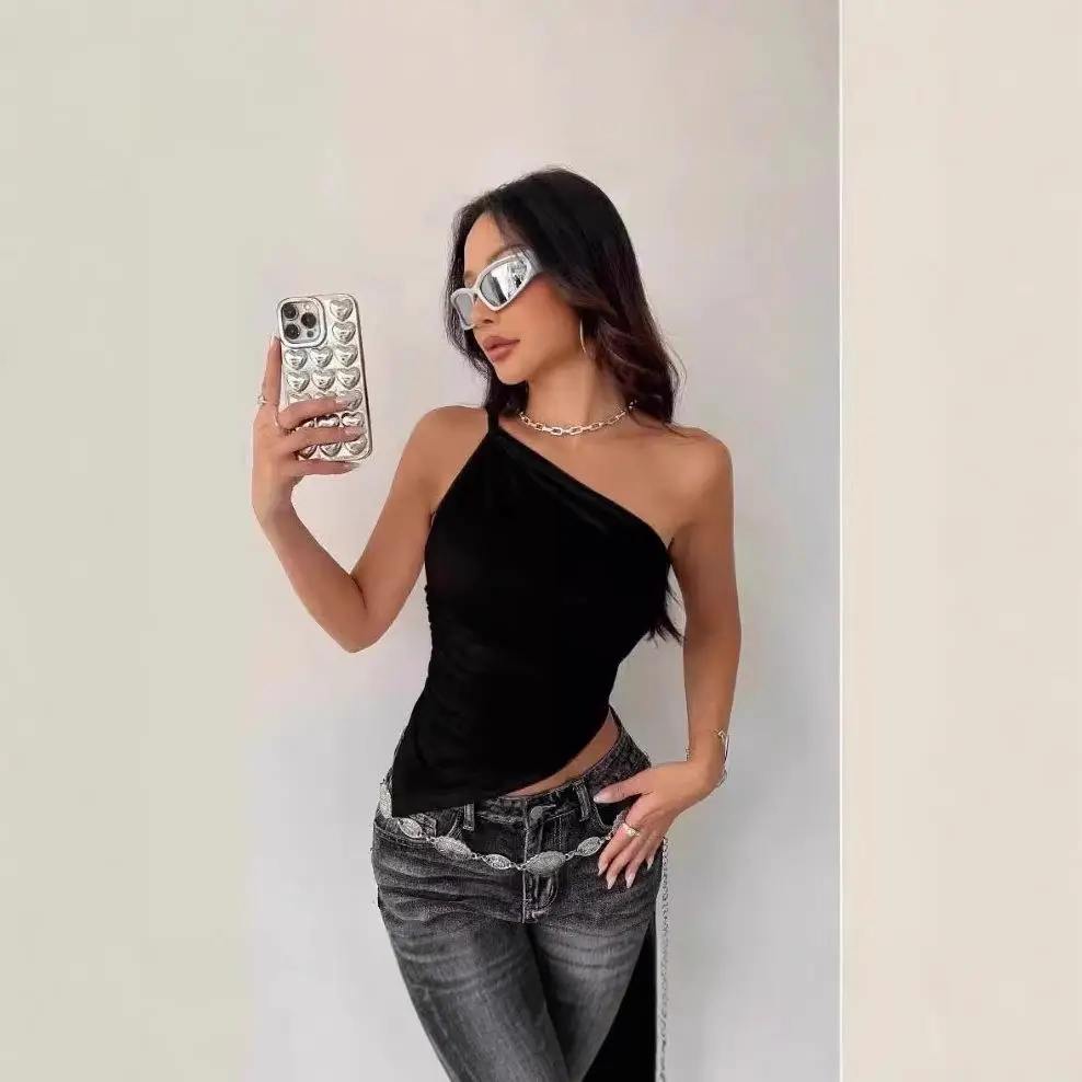 

Women's Single oulder Hem Top Casual Sle Slim Fit Polyester Fabric Svel Color T-irt for Summer