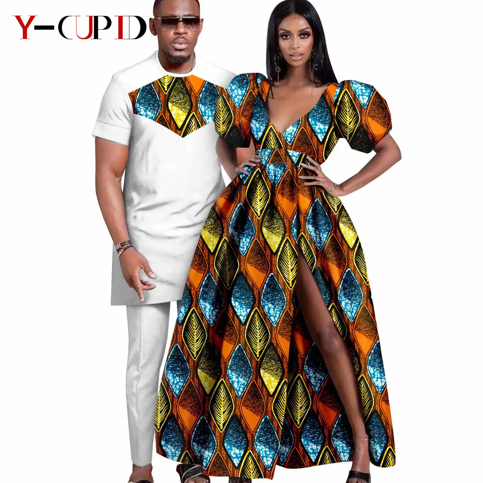 African Couple Matching Clothes Dashiki Sexy Women Print Long Dresses Bazin Riche Men Outfits 2 Pieces Sets Party Wear Y23C096