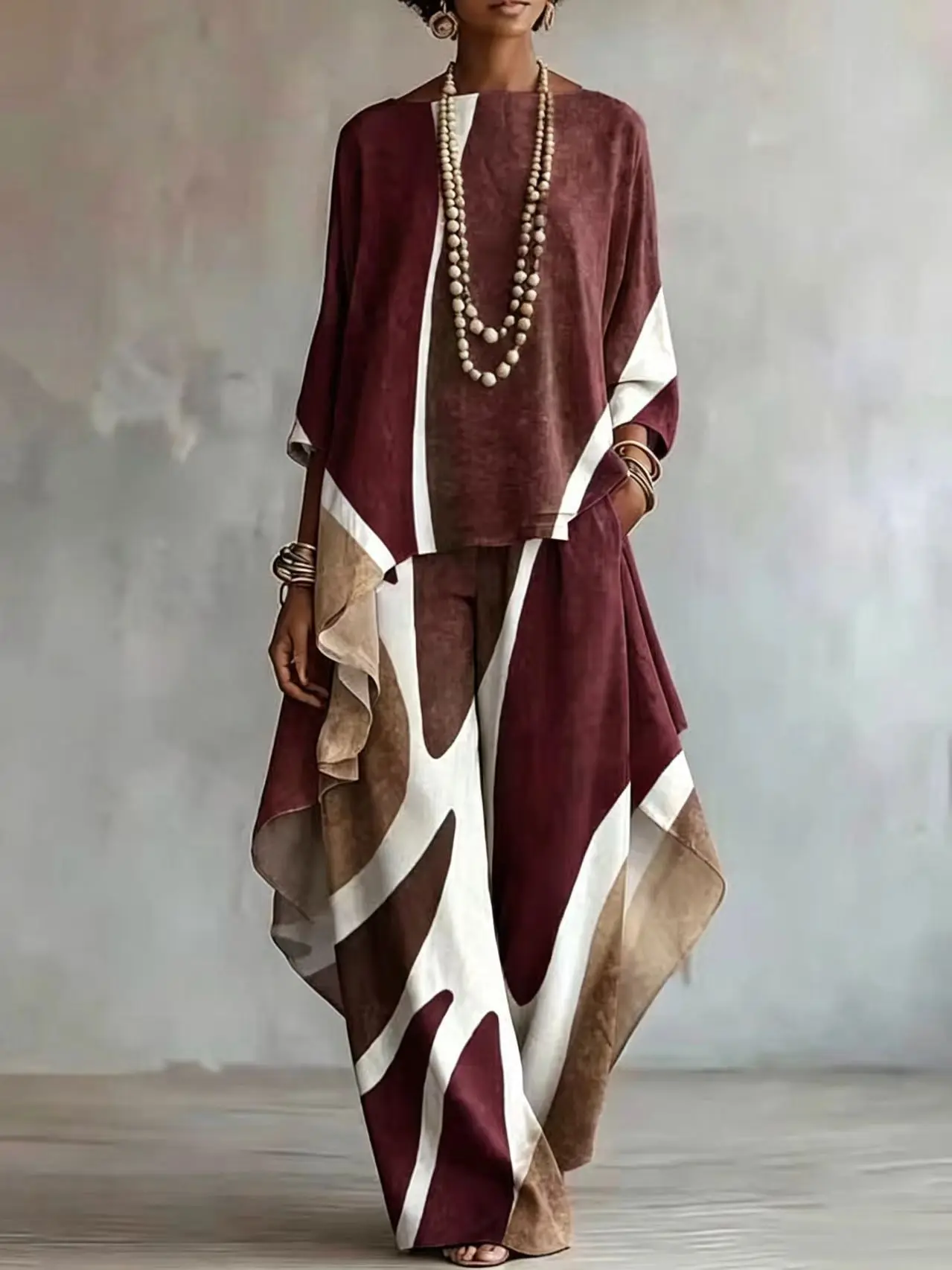 Autumn Fashion Geometry Print Loose Suit Women O-neck Irregular Top & Wide Leg Pant Set Casual Long Sleeve All-Matching Outfits