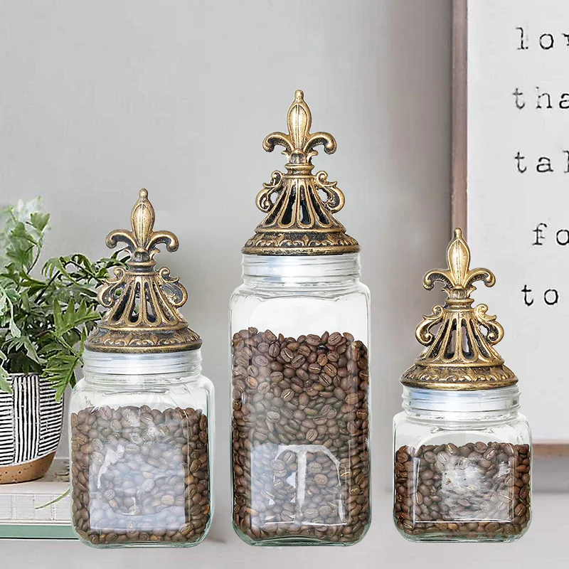 European Vintage Glass Sealed Storage Jar Resin Lid Coffee Bean Candy Bottle Transparent Food Storage Container Glass Jar Decor