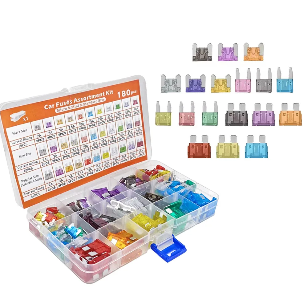 

Комплект предохранителей, 180 шт., мини + стандарт + микролезвие, ассортимент предохранителей для мотоциклов, лодок (2 А, 3 А, 5 А, 7,5 А, 10 А, 15 А, 20 А, 25 А, 30 А, 35 А, 40 А)