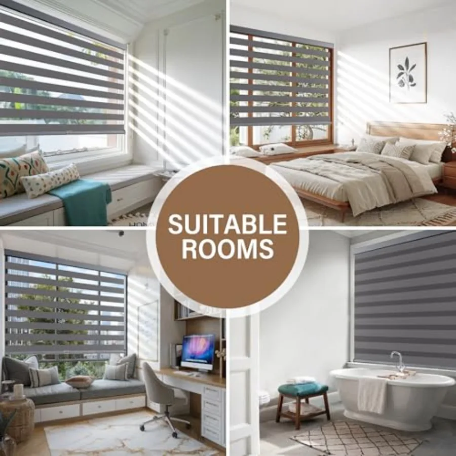 Persianas de cebra inalámbricas para ventanas, cortinas de ventana con rodillo extraíble, filtrado de luz de doble capa, privacidad para día y noche, parada libre