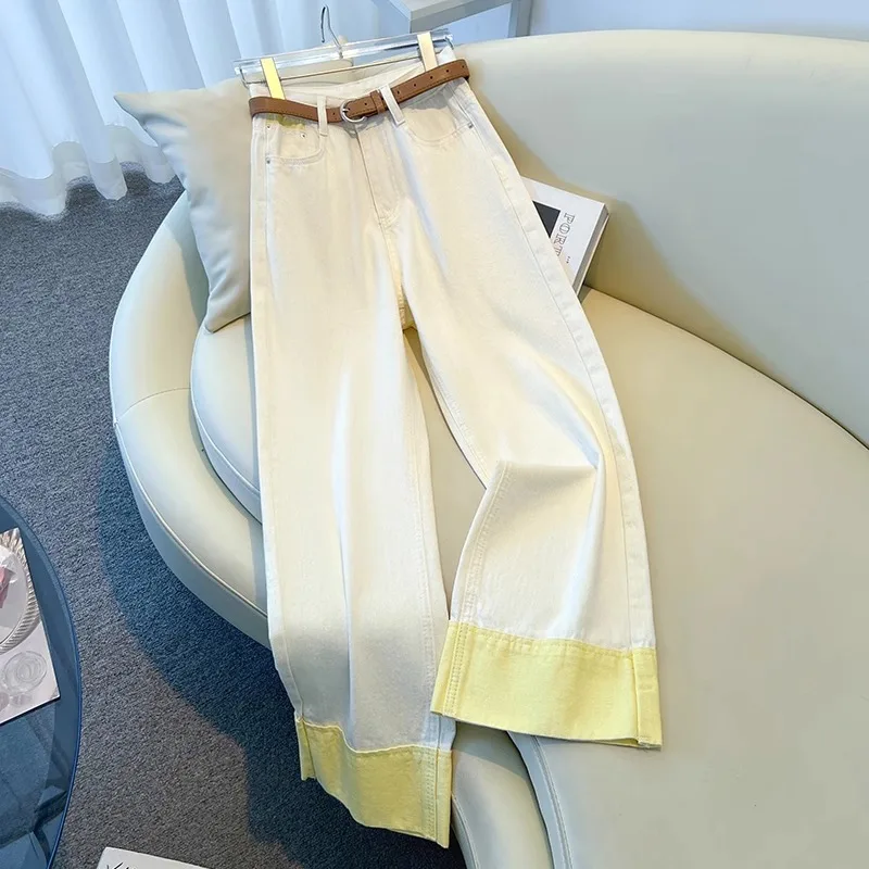 

White High Waist Straight Denim Pants For Women 2025 Spring Summer Casual Flanged Wide Leg Ankle-length Pants