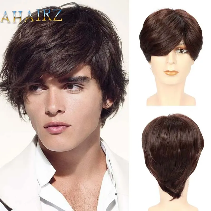 

Men's Short Wig Synthetic Brown Wigs for Man with Bangs Straight Hair Korean Style Realistic Male Wig Daily Cosplay Party Use