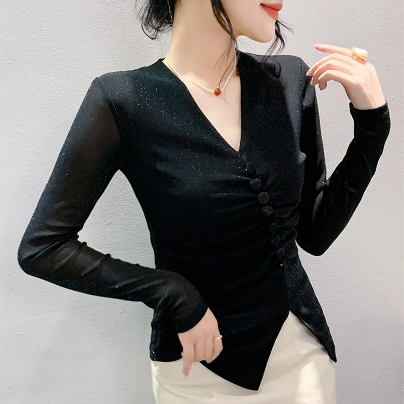 European,Clothes,Gleaming,Mesh,T-Shirt,Sexy,V-Neck,Shiny,Drape,Button,Women,Tops,Long Sleeve,Bottoming Shirt,Tees,New,6902001