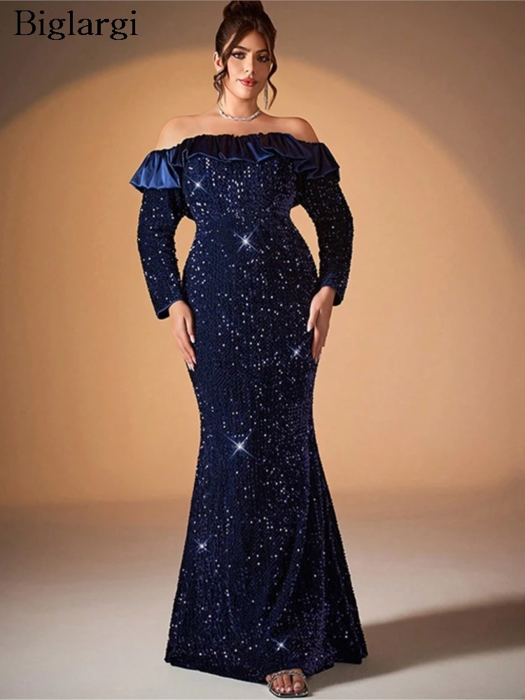 

Платье-русалка больших размеров для женщин, весеннее, с пайетками, блестящее, элегантное, модное, для вечеринок, с длинным рукавом, облегающее, приталенное