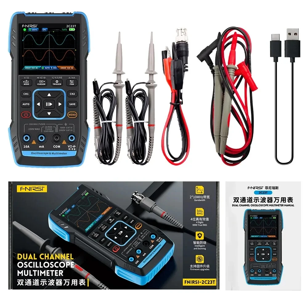 

FNIRSI Digital Oscilloscope + Multimeter + Function Signal Generator 3 in 1 Dual Channel 10MHZ*2 50MS/s Oscilloscope Tester
