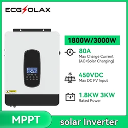 ECGSOLAX Hybrydowy falownik solarny 3KW 1.8KW 12V/24V Inwerter Off Grid Wbudowany kontroler MPPT 80A Czysta fala sinusoidalna Max PV 450VDC