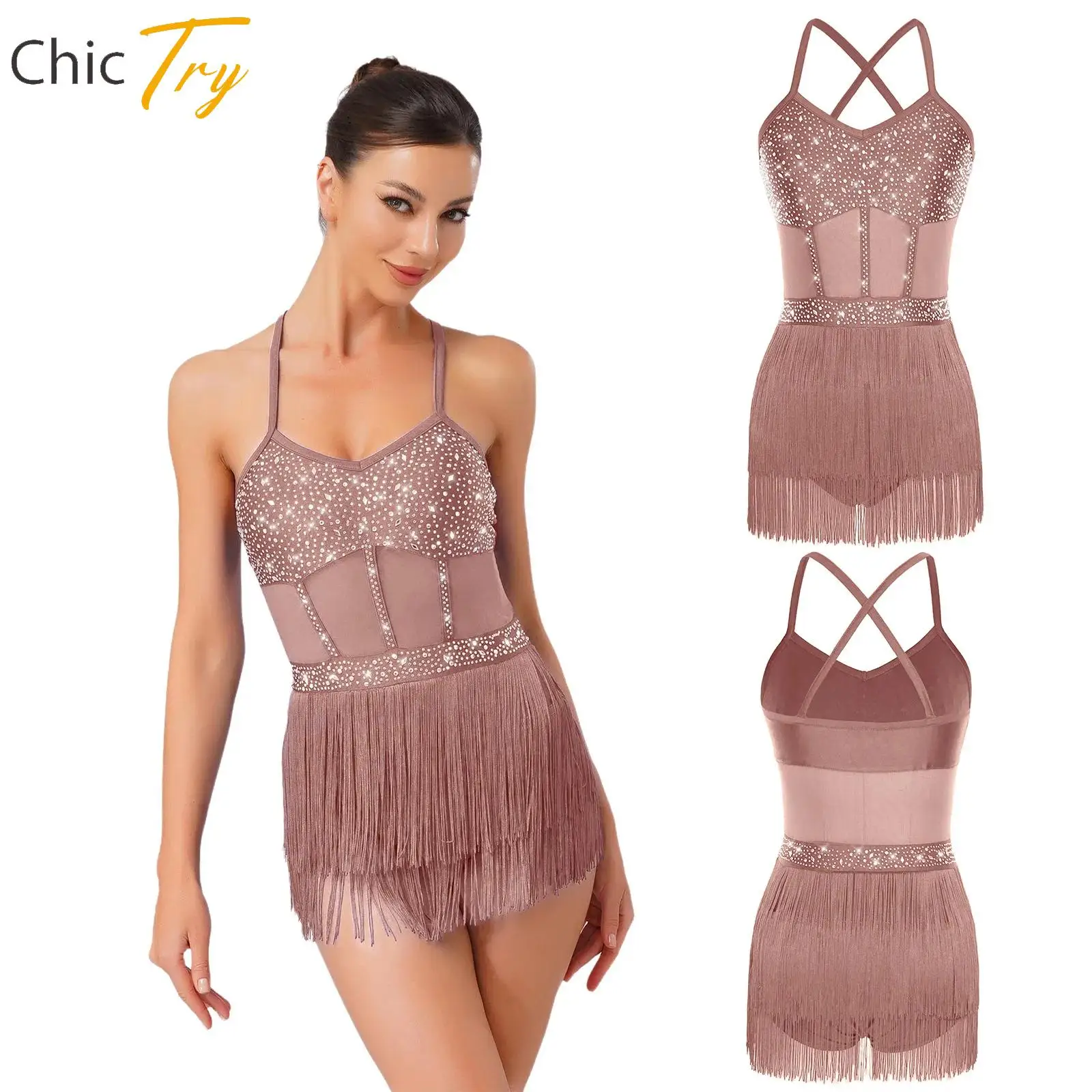 

Glittery Rhinestone Womens Latin Tango Samba Chacha Dance Leotard Dress Tiered Tassel Fringe Dress Stage Performance Dancewear