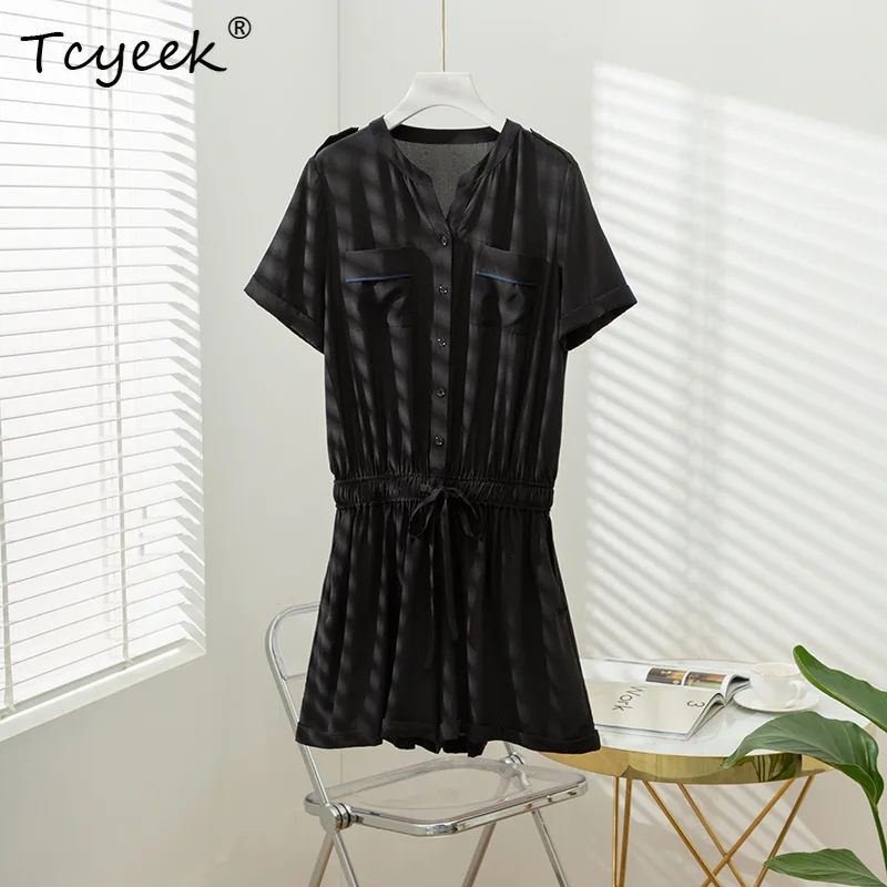

Tcyeek, 16MM 100%Real Silk Elegant Playsuits, Women Short Sleeve Solid, Fashion Office Lady Short Jumpsuit, Summer B47986QC