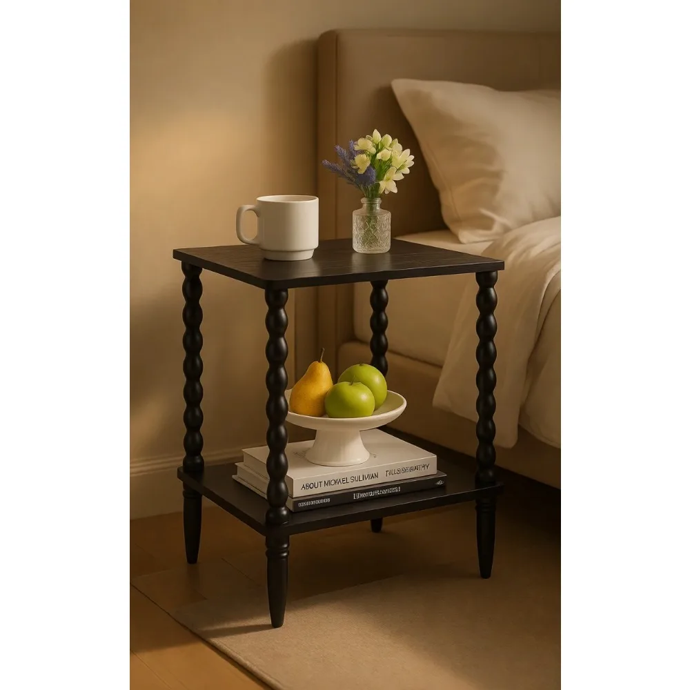 

Компактная черная двухъярусная прикроватная тумбочка-столик для хранения вещей в небольшой спальне или гостиной