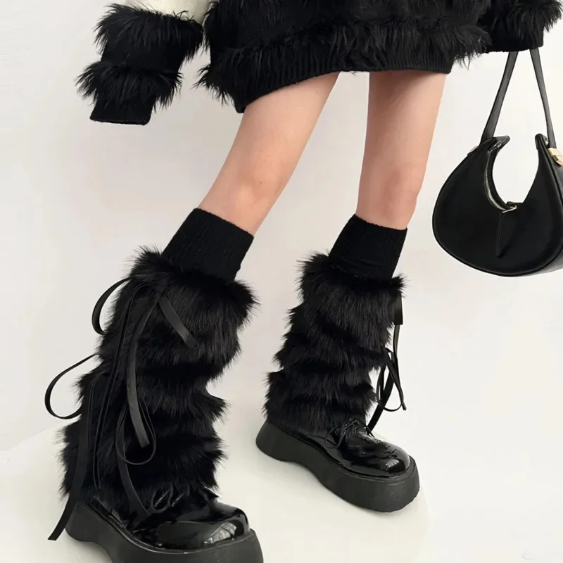 Kawaii Bow Knot Leg Warmers Thickened Imitation Rabbit Fur Women Leggings Boots Cover Lolita Punk Harajuku Party Accessories