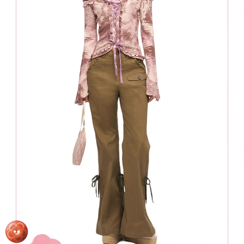Spring Summer Ladies Retro Drawstring Flared Trousers Women's Overalls Versatile Thin Cool Casual Loose Wide-leg Pants Grils