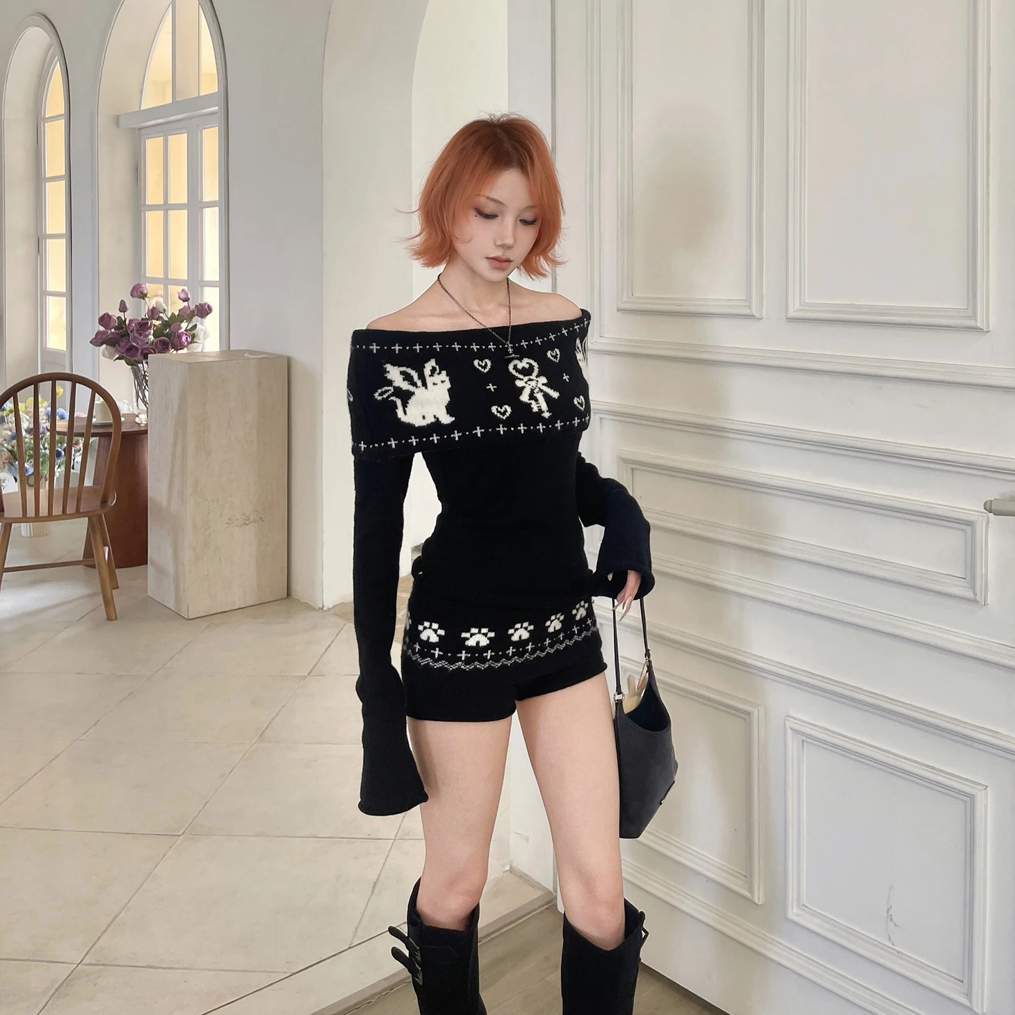 

Mew F Curve Knitted Sweater Floral Embroidery One oulder ort Pants Set Spicy Girl Sle Long Sve Soft Polyester...