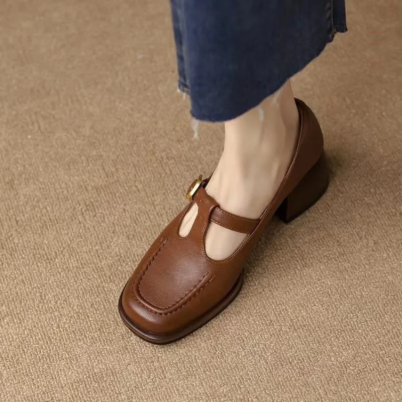 British High-heeled Small Leather Shoes for Women, Thick Toe, Retro Brown Light Mouth Buckle Single Shoe Women view 4