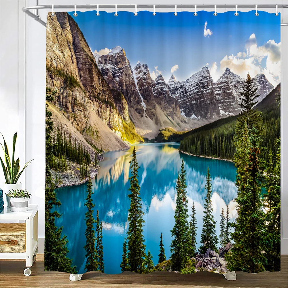 Cortina de ducha moderna con estampado 3D de bosque, cortina de baño de paisaje de árbol de plantas verdes con ganchos para baño, paisaje impermeable