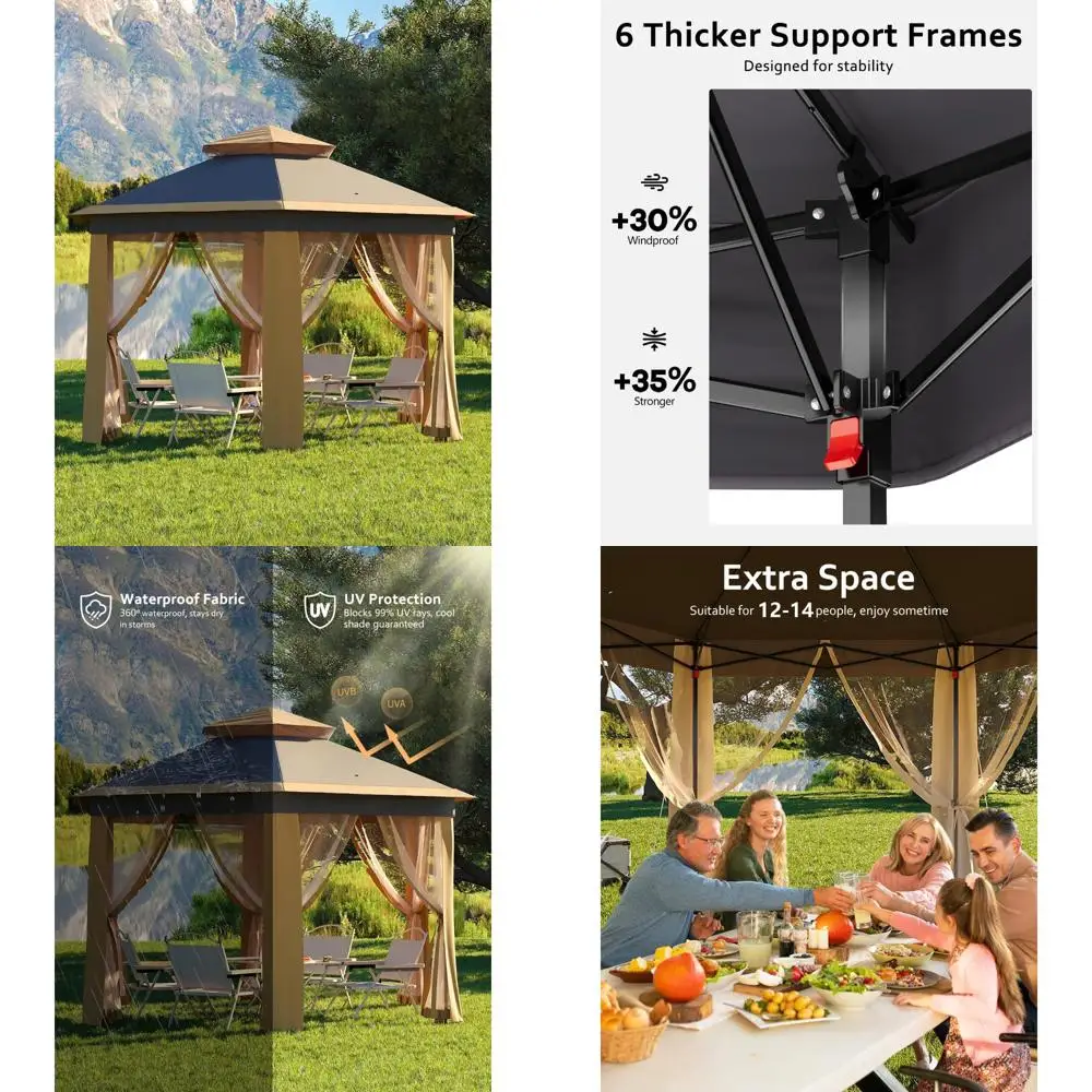 

Pop Up Gazebo 13x13, 6 Side Outside Canopy Tent with Mosquito Netting, One Push Setup for Backyard Patio Garden Activities - Kha
